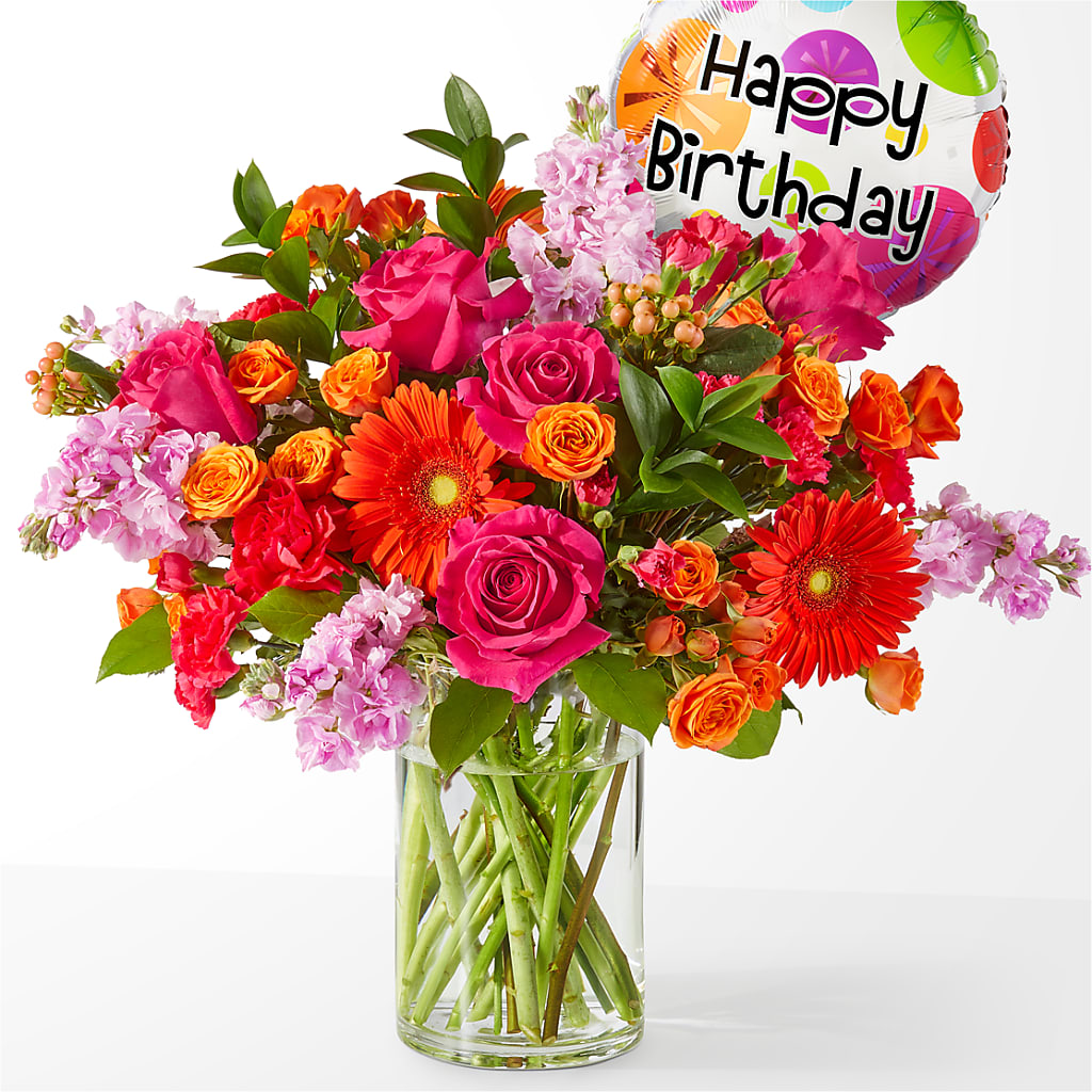 Fiesta Bouquet with Birthday Balloon – Flowers By Diane, Bridgewater MA